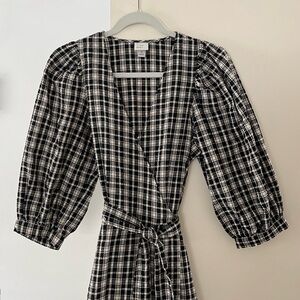 Black & White Plaid Midi Dress with Tie Waist
